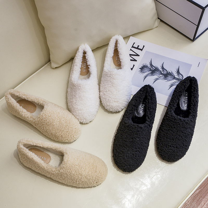 羊羔毛加绒豆豆鞋女棉