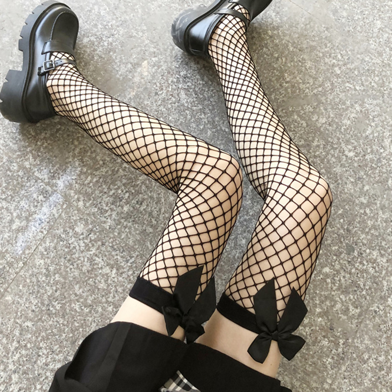 蝴蝶结长筒渔网袜女性感