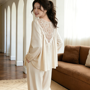 家居服套装 睡衣女款 长裤 女士绝美蕾丝美背2026正流行宽松长袖 夏季