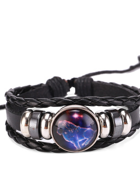 十二星座手链饰品欧美热款玻璃合金跨境多层编织夜光朋克牛皮梦幻