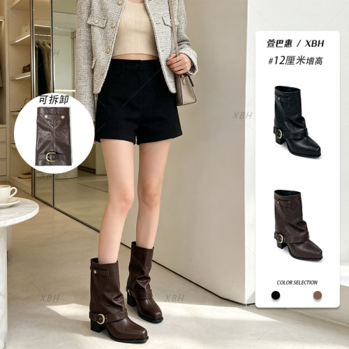 【复古堆靴】~12CM内增高复古尖头皮带扣裤管靴女显瘦骑士靴5069