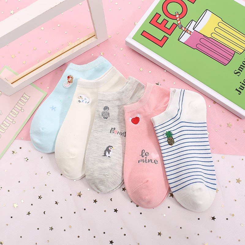 袜子女棉袜ins潮可爱日系卡通刺绣糖果色学院风百搭船袜夏季短袜.