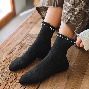 袜子女夏季 珍珠纯棉中筒袜日系花边ins潮卷边袜子木耳边棉袜. 新款