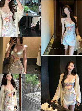 YOLI 张宥利 繁花初梦 杏色V领连衣裙女春纯欲蕾丝碎花吊带短裙