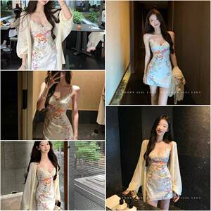 YOLI 张宥利 繁花初梦 杏色V领连衣裙女春纯欲蕾丝碎花吊带短裙