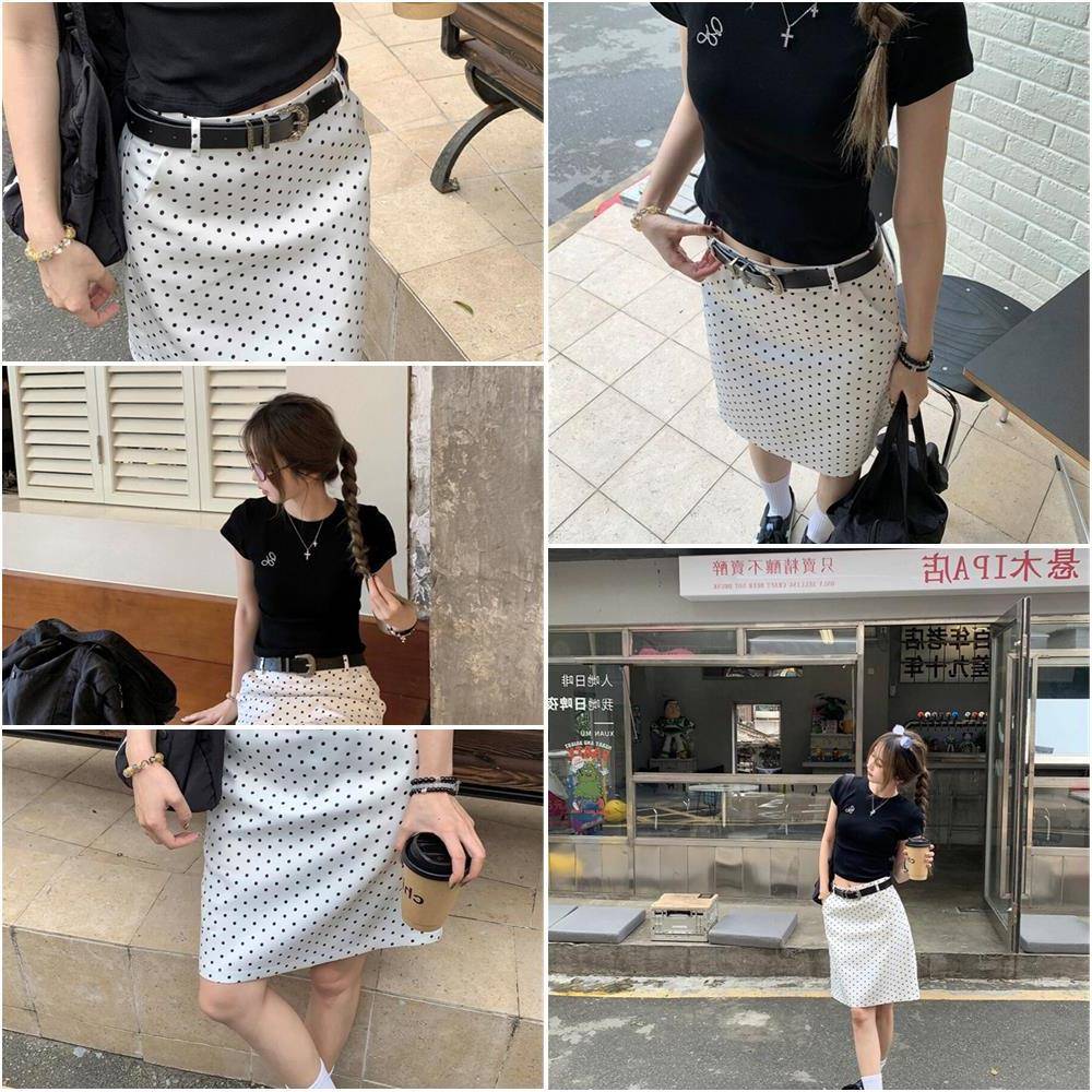 圆点裙,超长迷你裙,夏日新白高腰短裙,修身造型,盖裆,百搭休