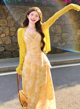 2026款漂亮高级感小个子雪纺长裙黄色碎花吊带两件式洋装装女夏