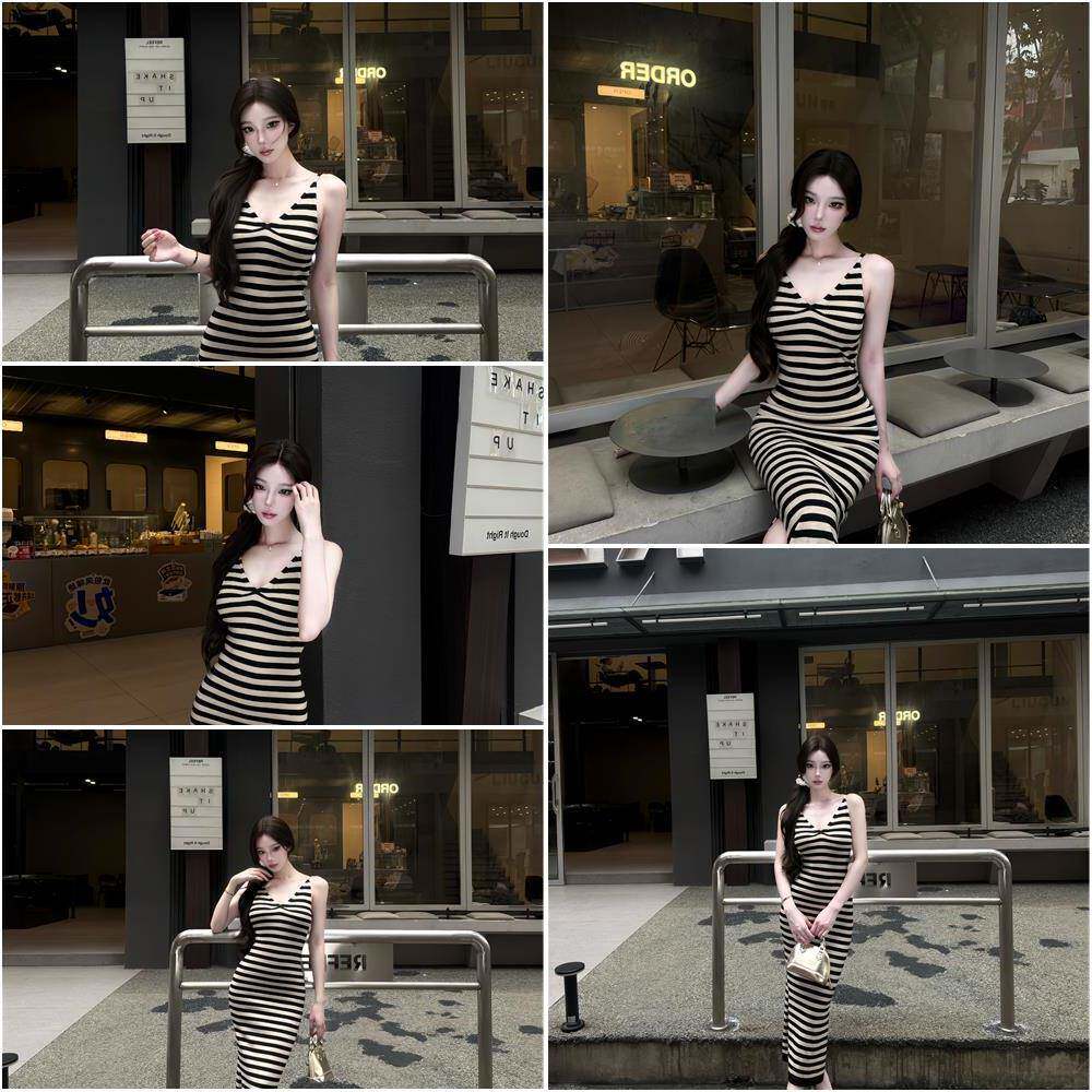 AWMUMU绝美辣妹条纹V领吊带洋装女夏季收腰显瘦复古性感长裙子