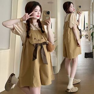 可爱孕妇装夏季新款韩版甜美小清新洋气短袖T恤外出辣妈背带裤夏