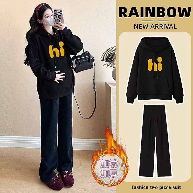 孕妇装秋冬款加绒加厚保暖韩版宽松遮孕肚连帽长袖休闲外穿一整套