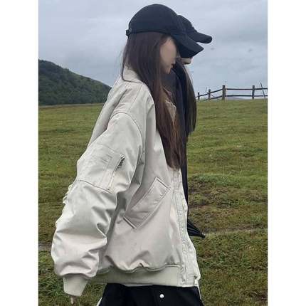 美式复古棒球服女春秋薄款2024新款宽松休闲飞行员夹克工装外套潮