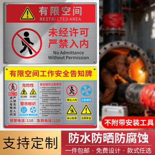 不锈钢当心有限空间警示标识标志标示牌污水池作业安全风险告知牌