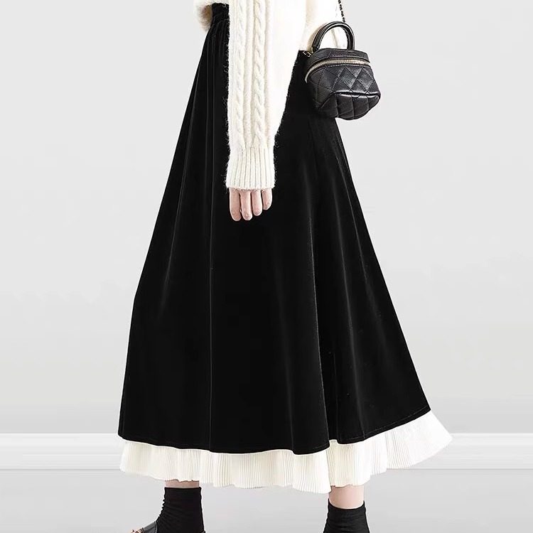 秋冬丝绒半身裙春季新款优雅高腰撞色松紧腰纯色拼接花边裙中长裙