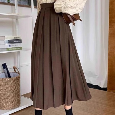 秋冬新款加厚百褶毛呢中长款纯色百搭复古学院显瘦高腰半身裙