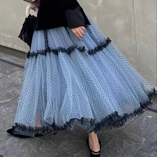 秋冬法式 高腰重工植绒波点网纱大摆木耳花边蛋糕蕾丝仙女半身裙