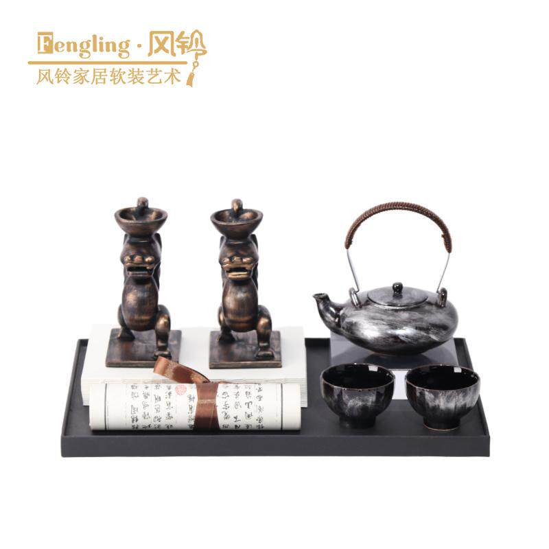 新中式陶瓷茶具套装复古烛台摆件售楼处隔断书柜背景墙装饰