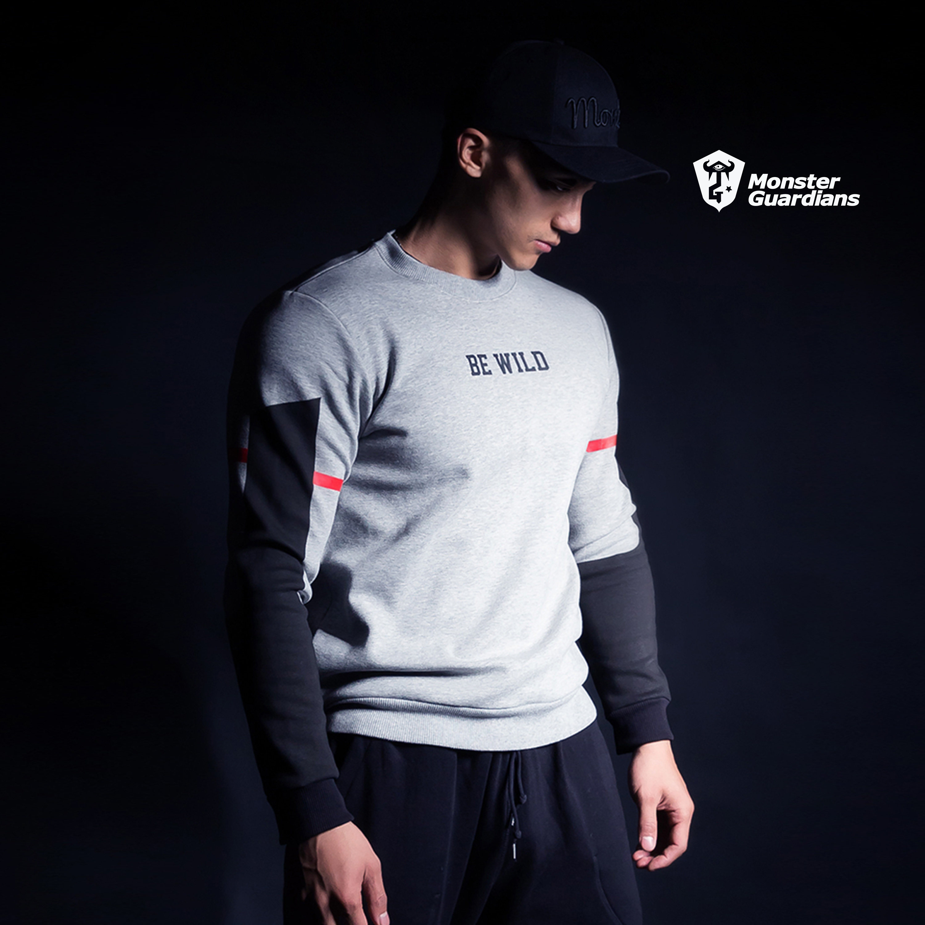 monster guardians秋冬款加绒运动健身卫衣男拼色修身原创无帽