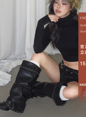 Mollynne原创设计尖头中筒堆堆靴女黑色厚底骑士靴裤管靴长筒靴女