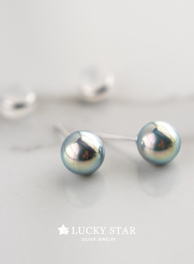 LUCKY STAR【真多麻小钢炮耳钉】仿日本海水极光银灰蓝珍珠耳饰圆