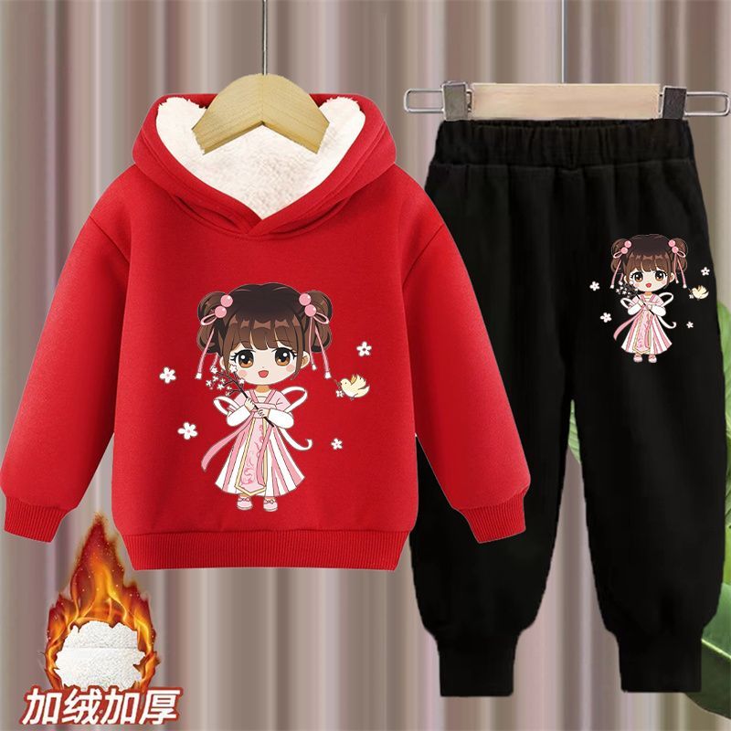 女童运动套装加绒加厚2025新款秋冬儿童洋气两件套时髦女宝宝冬装