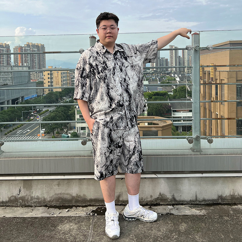 加肥加大夏冰丝垂感印花短袖衬衣大码胖子休闲宽松薄款套装