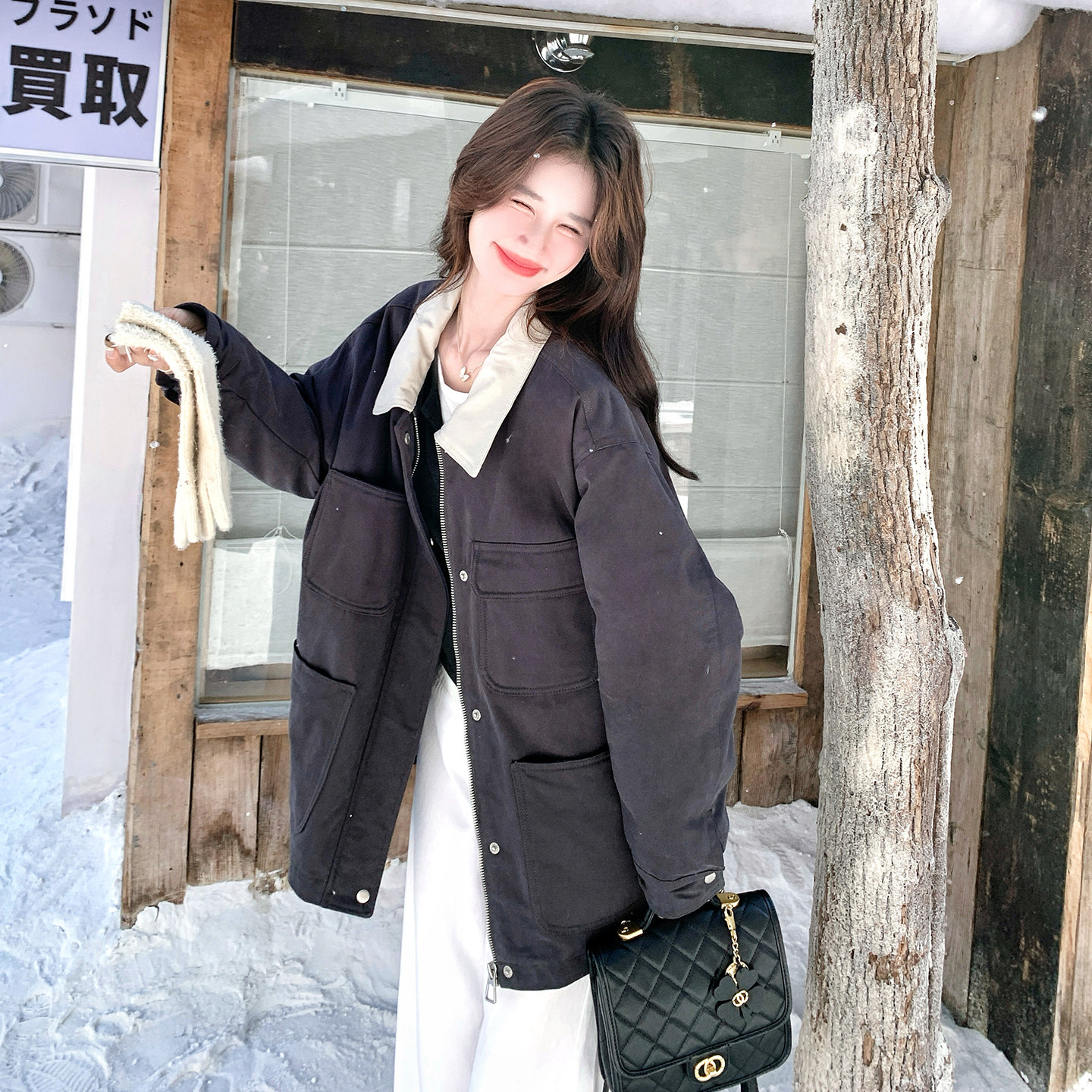 深灰色韩系复古拼接工装风羽绒服女2025冬季新款90白鸭绒爆款外套,女装羽绒服,2D115