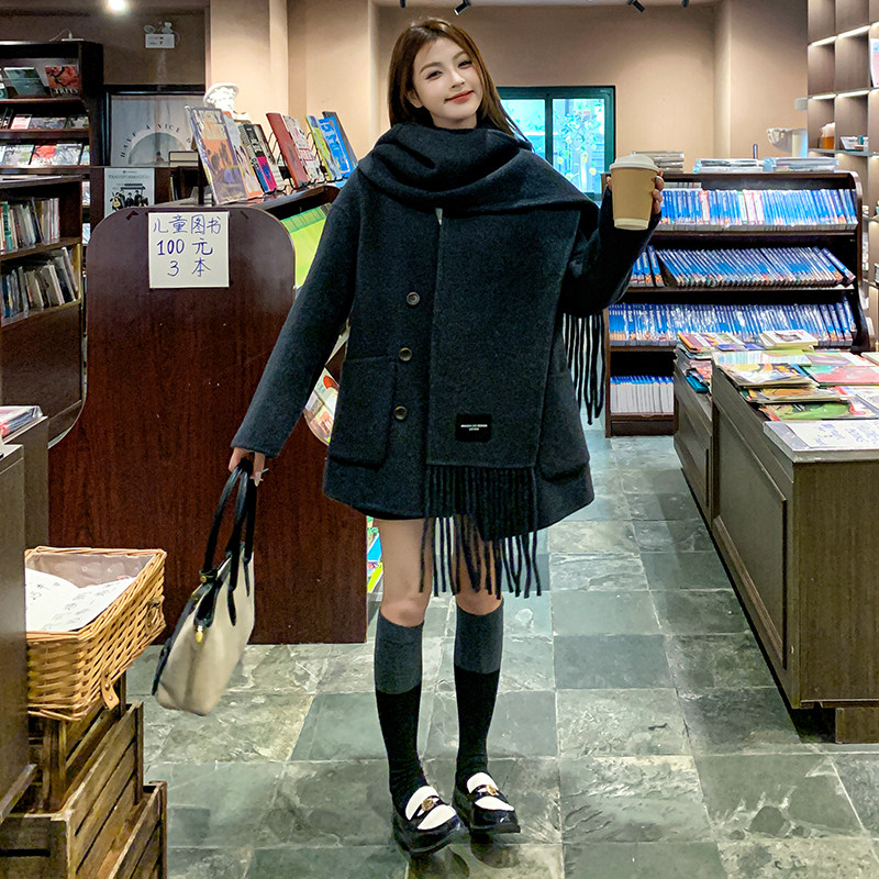 双面羊毛外套女戴围巾2D115-C217-P275-K398图片