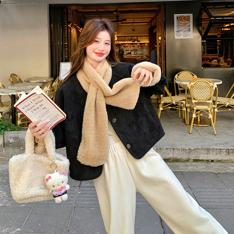 皮毛一体双色外套女带围巾2D115-C297-P195-K298，女装短外套，2D115