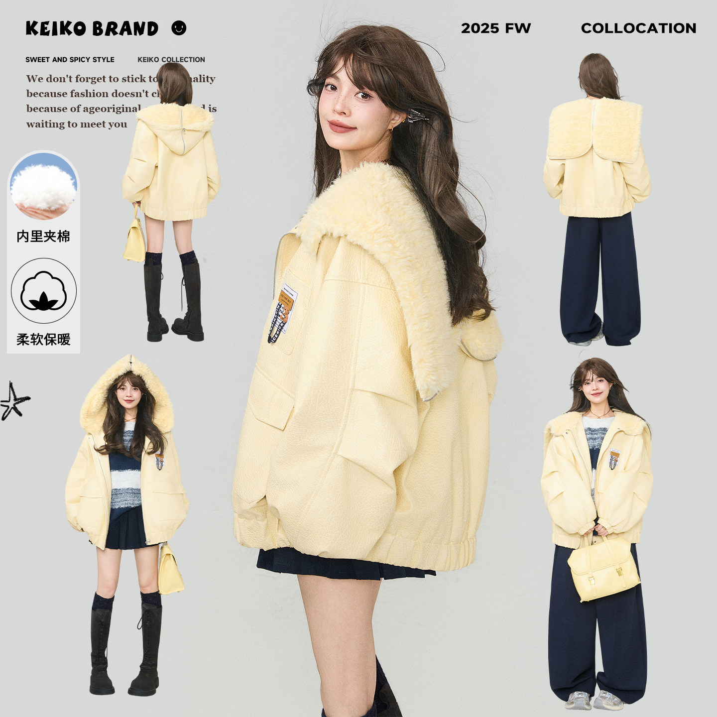 KEIKO [绗缝夹棉]羊羔毛连帽厚皮衣外套冬季高级感大翻领夹克棉衣