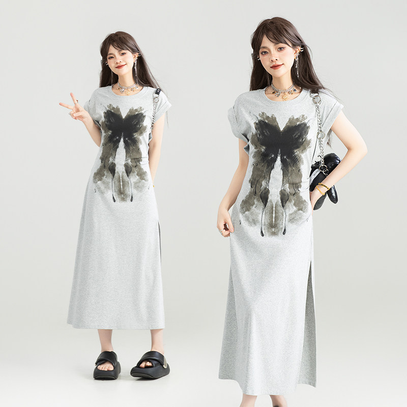 KEIKO 复古蝴蝶花灰色连衣裙25夏季松弛慵懒感开叉显瘦圆领t恤裙
