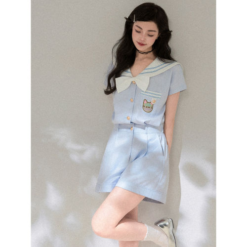 KEIKO 浅蓝色海军领连体短裤水手服女夏季航海学院风显瘦连身衣裤