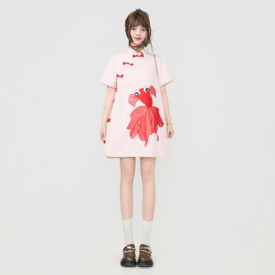 KEIKO新中式金鱼刺绣旗袍连衣裙26夏季改良版国风盘扣显瘦A字短裙