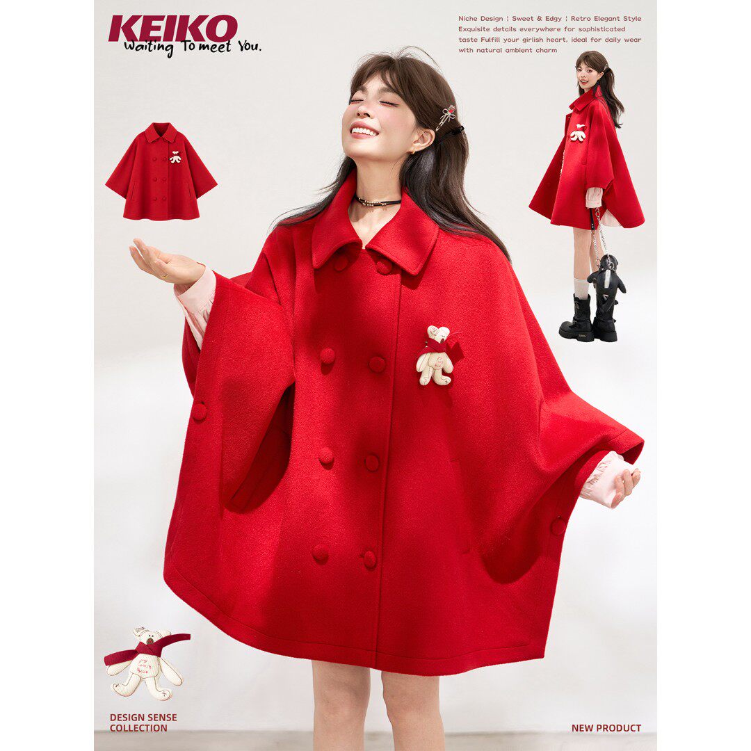 KEIKO红色斗篷型毛呢大衣秋冬