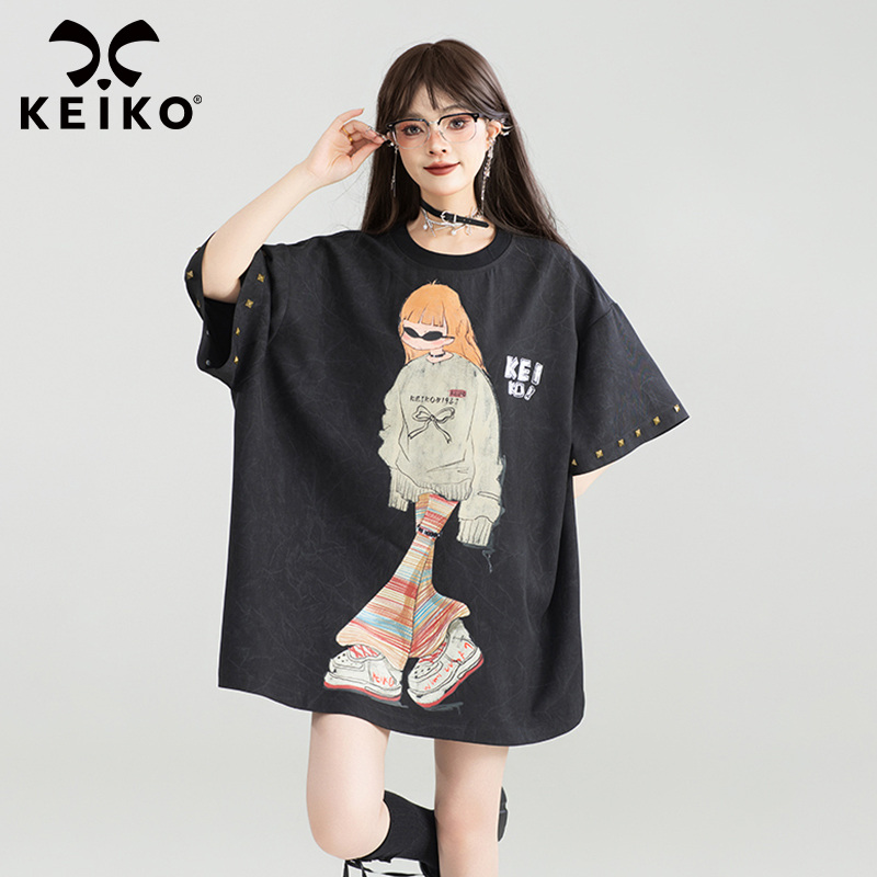 KEIKO 美式复古印花短袖t恤女中长款夏季y2k嘻哈铆钉饰宽松t恤裙