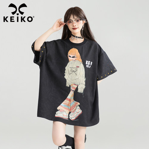 KEIKO 美式复古印花短袖t恤女中长款夏季y2k嘻哈铆钉饰宽松t恤裙