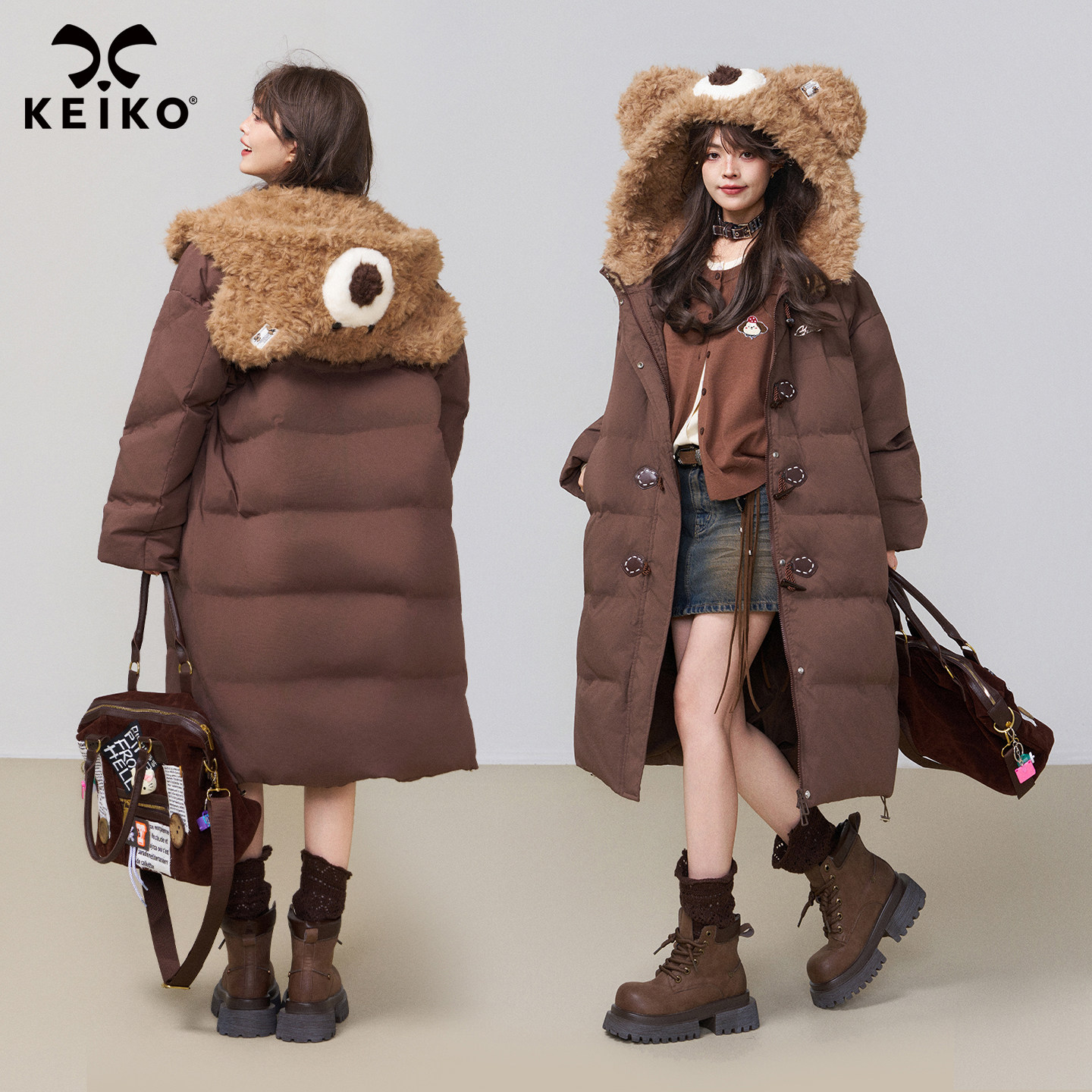 KEIKO 小熊连帽廓形牛角扣棉服冬季量感加厚羊羔毛棕色面包服棉袄