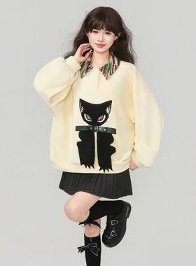 KEIKO 青春活力感黄色加绒卫衣2026早春小恶魔绣花减龄polo领上衣