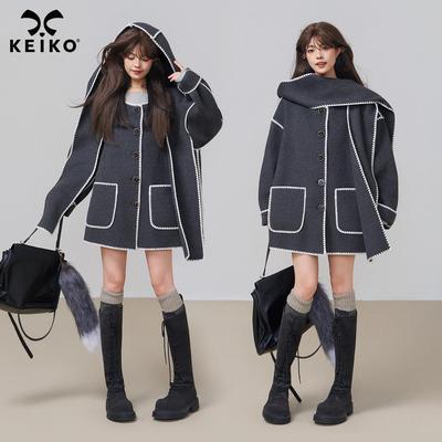 KEIKO [两件套] 双面羊绒毛呢外套秋冬撞色锁边围巾连帽外套大衣