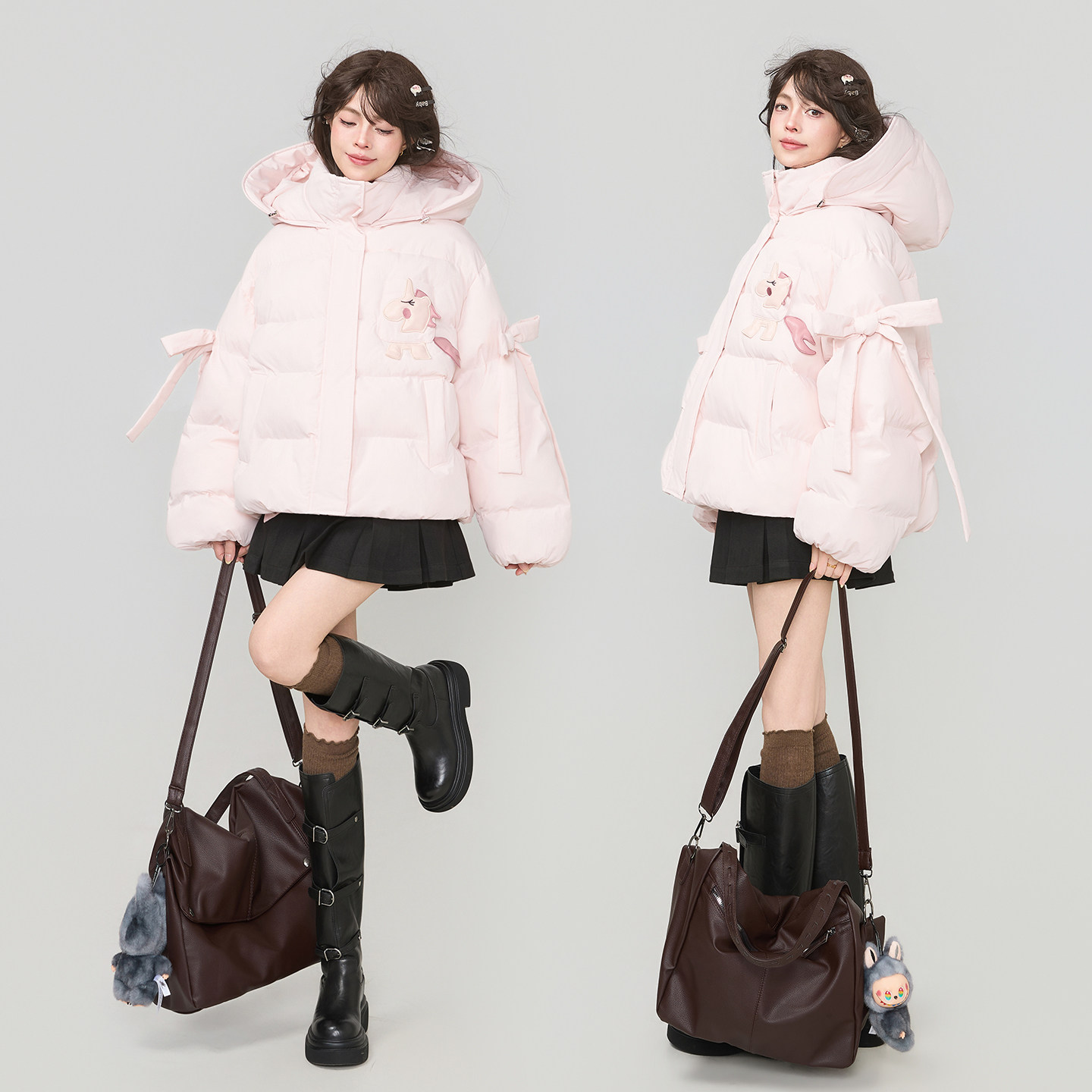 KEIKO 甜系粉色蝴蝶结系带短款棉服25冬季少女感可爱加厚连帽外套