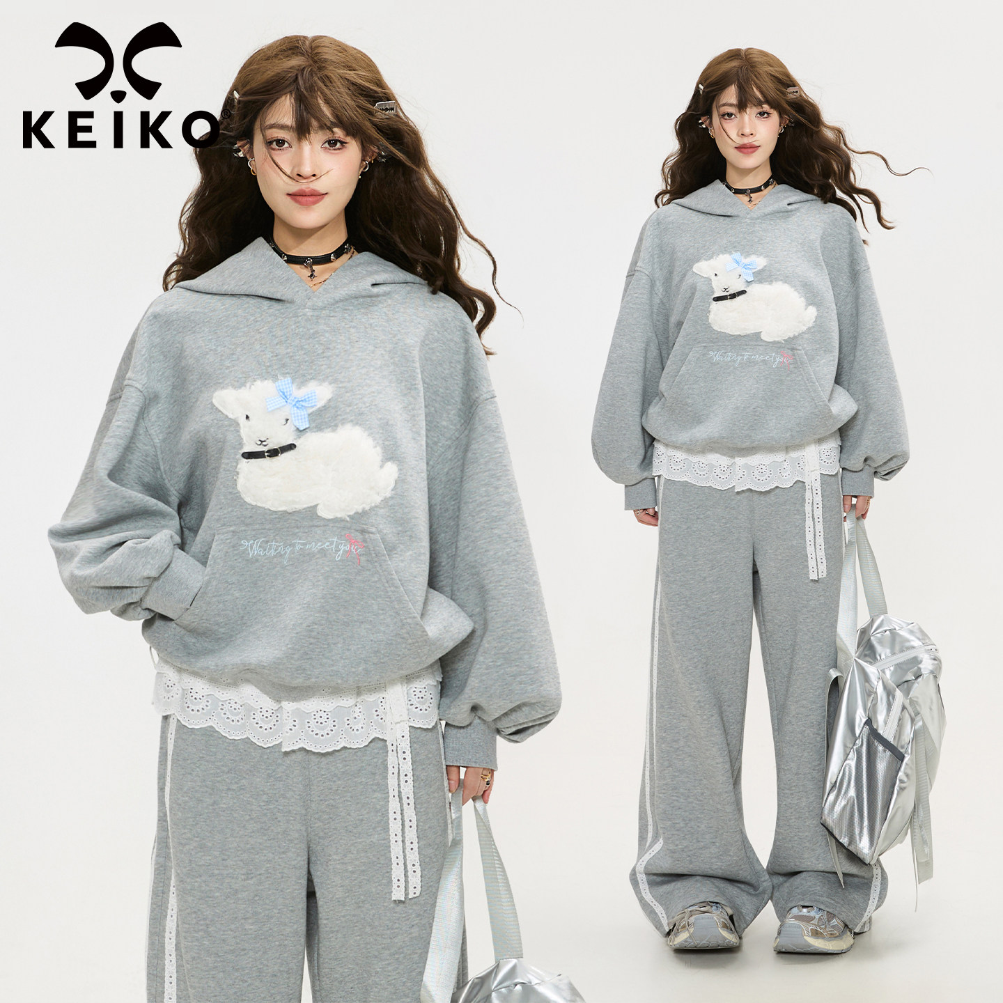 KEIKO 少女风减龄卫衣两件套装女2025秋季灰色连帽外套+休闲卫裤