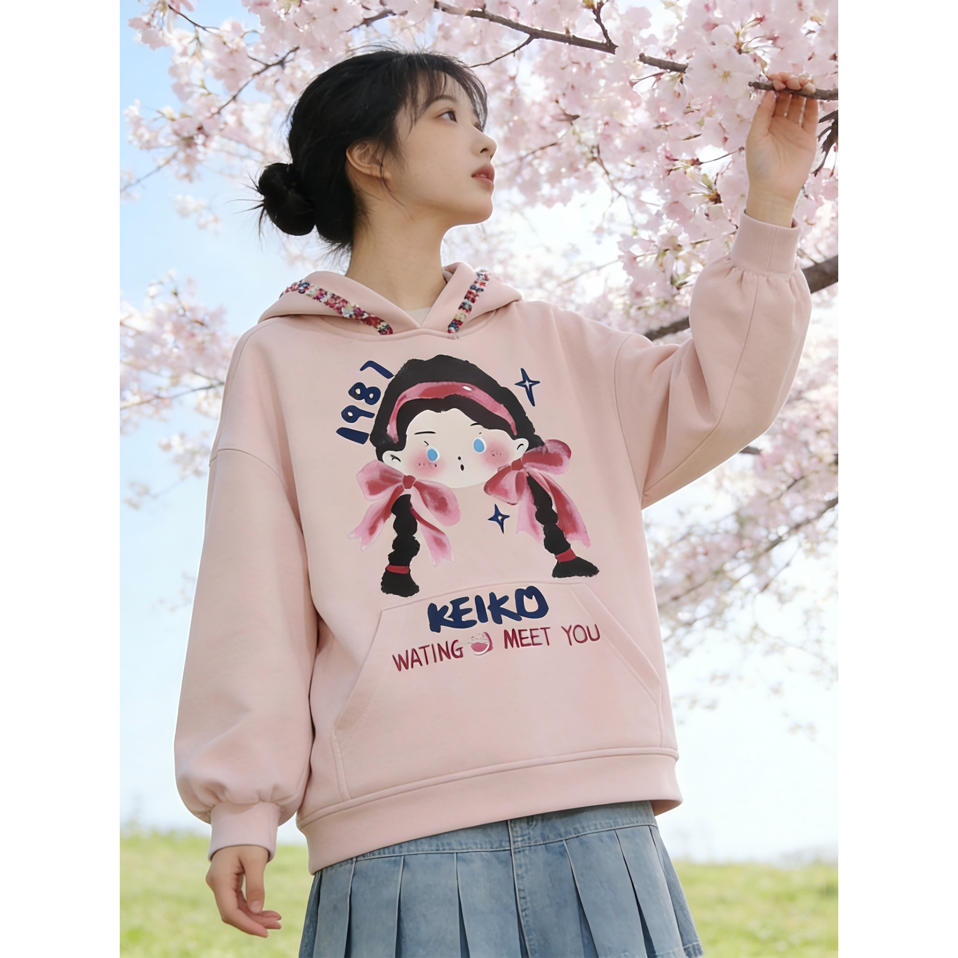 KEIKO 甜系小女孩印花粉色加绒卫衣春季多巴胺织带饰连帽宽松外套,女装/女士精品,卫衣/绒衫,淘宝优惠券,粉丝福利购,淘宝优惠卷