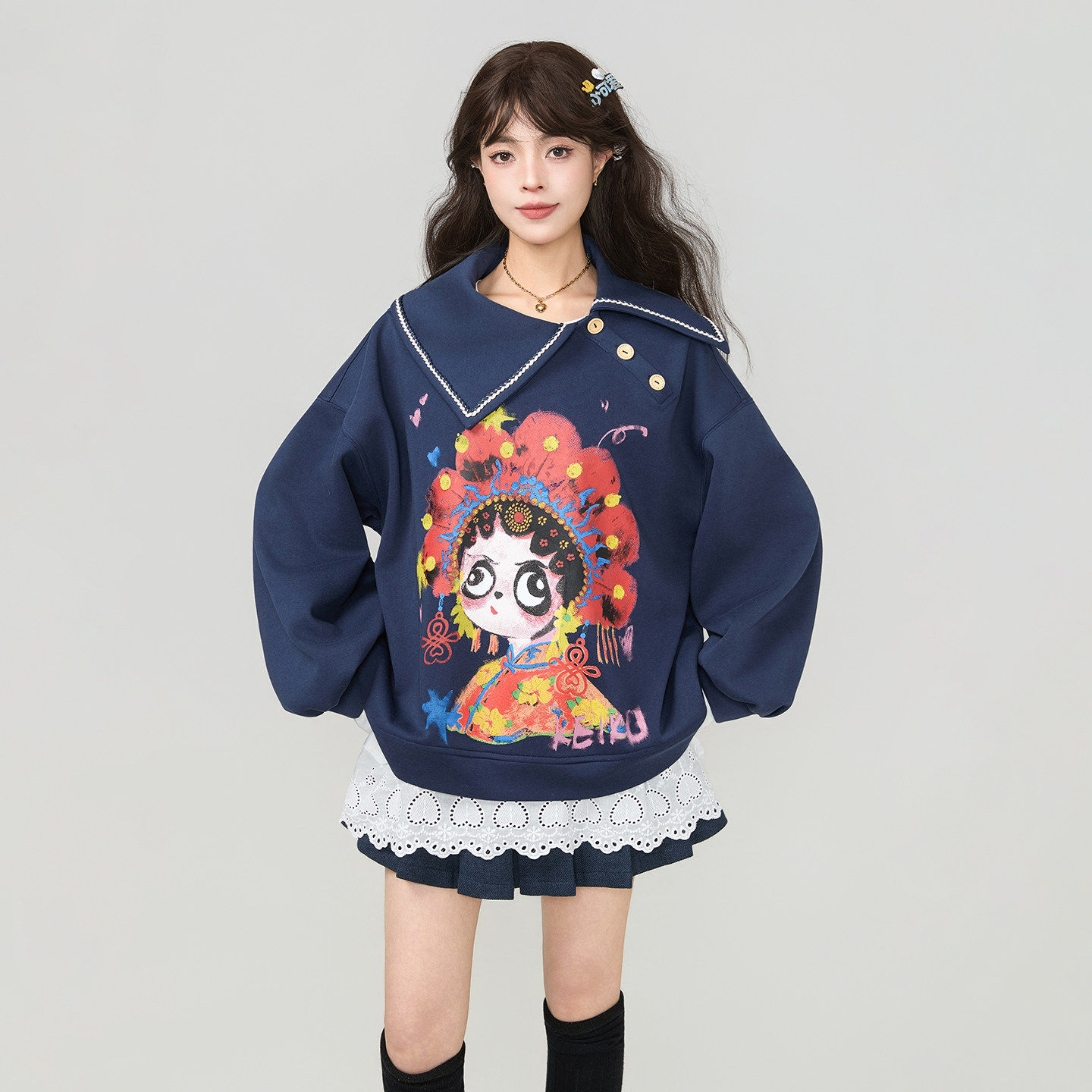 KEIKO 中国风京剧印花加绒卫衣女2026春季设计感翻领上衣新年战袍