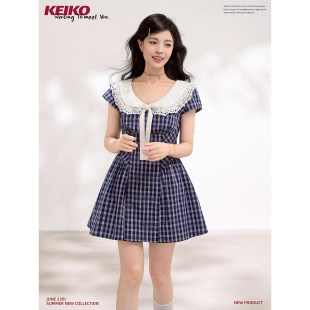 KEIKO 秀气蓝色格纹收腰连衣裙夏季少女风蕾丝花边娃娃领蓬蓬短裙