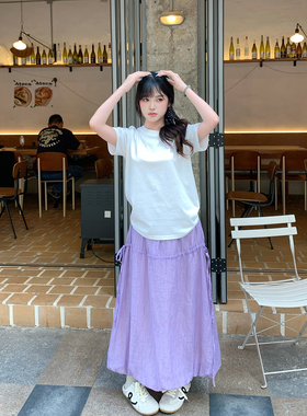 KEIKO 温柔感紫色灯笼花苞半身裙25夏季抽皱肌理轻薄A字云朵长裙