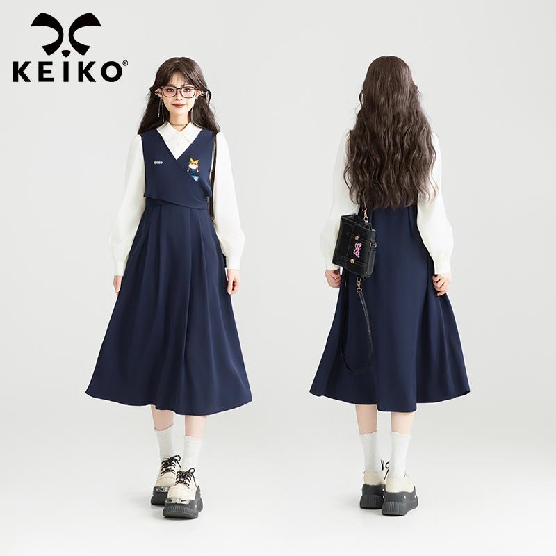 KEIKO学院风假两件衬衫连衣裙