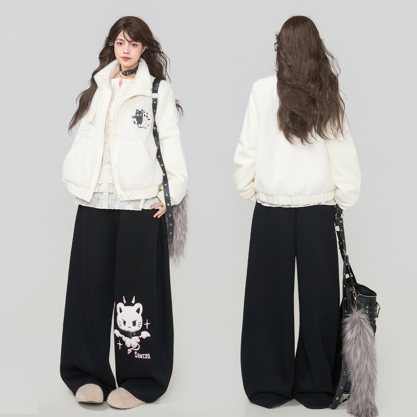 KEIKO 环保水貂绒拼接夹棉外套女秋冬甜系绣花质感暖绒加厚棉服