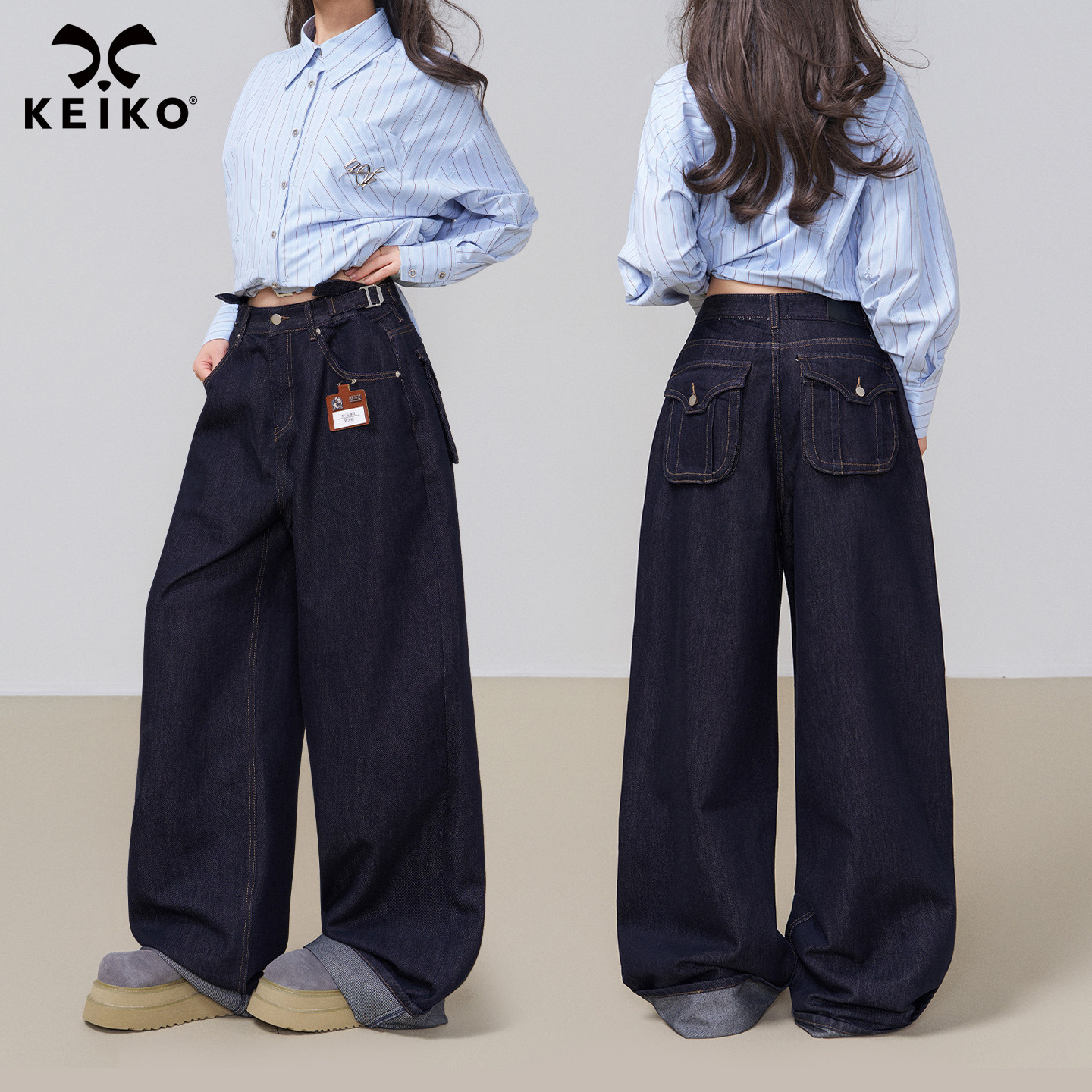 KEIKO 深蓝美式宽松阔腿牛仔裤女25秋冬覆古高腰休闲直筒拖地长裤,女装/女士精品,牛仔裤,淘宝优惠券,粉丝福利购,淘宝优惠卷