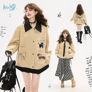 KEIKO 高级感卡其色薄款外套女25秋季韩系文艺风印花短款夹克上衣