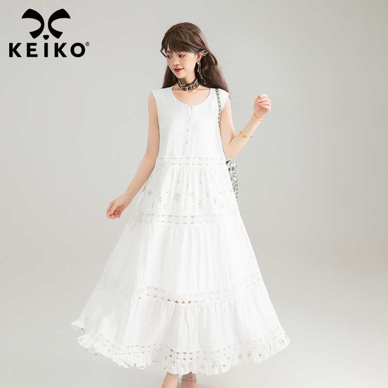 KEIKO 镂空蕾丝花边白色无袖长裙子夏日海边度假风圆领背心连衣裙