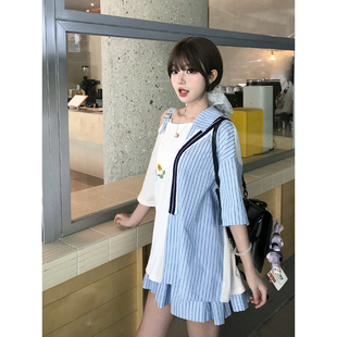 KEIKO设计感拼色斜肩上衣夏季元气轻活风穿搭刺绣衬衫